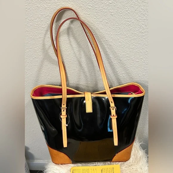 Dooney & Bourke Black Patent Tote with Tan Trim and Pink Interior w/ Reg. paper - Picture 6 of 13